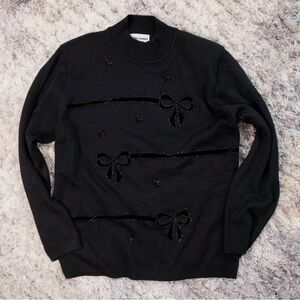 Vintage Alfred Dunner Sweater Beaded Embroidered Black Holiday Bow Sweater Large